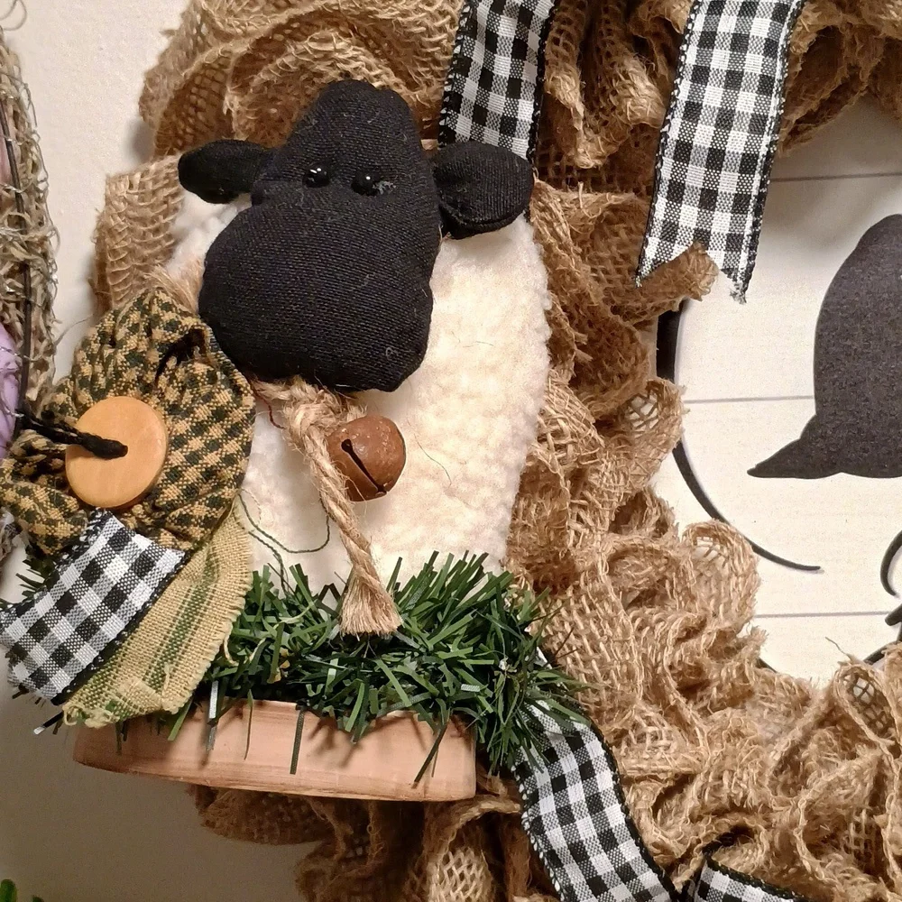 Rustic Burlap Holiday Wreath with Believe Metal Sign And Sheep
